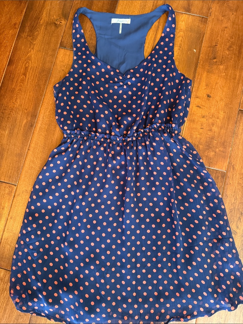 Navy Blue Polka Dot Dress with Coral Dots